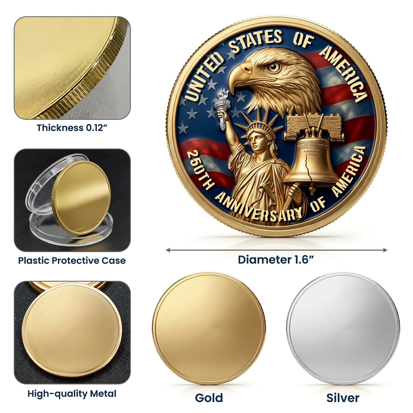 Personalized US America 250th Anniversary Commemorative Coin, Gold And Silver 250th Coin, Patriotic Gifts EKHI-05076331