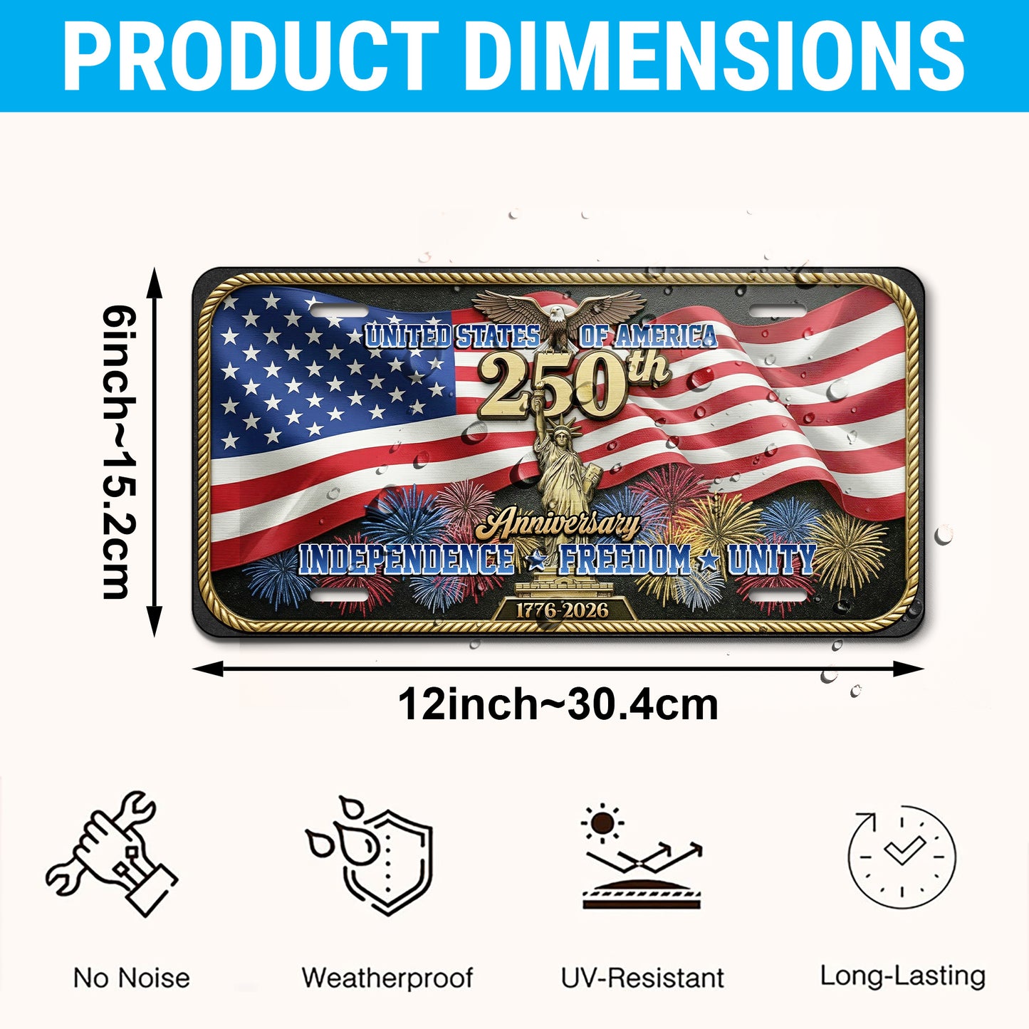 Patriotic USA 250th Anniversary License Plate, Commemorative 1776-2026 License Plate with American Flag, Home Decor ETHY-01225201
