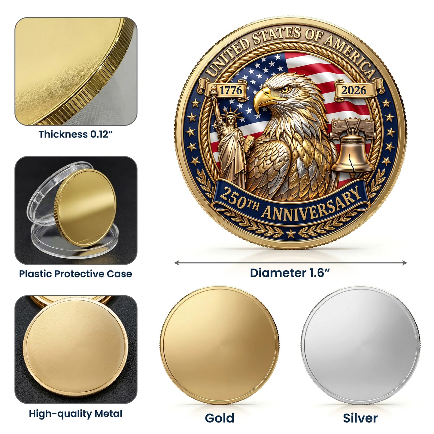 America 250th Anniversary Commemorative Coin, Gold And Silver 250th Coin, 1776-2026 Patriotic Gifts