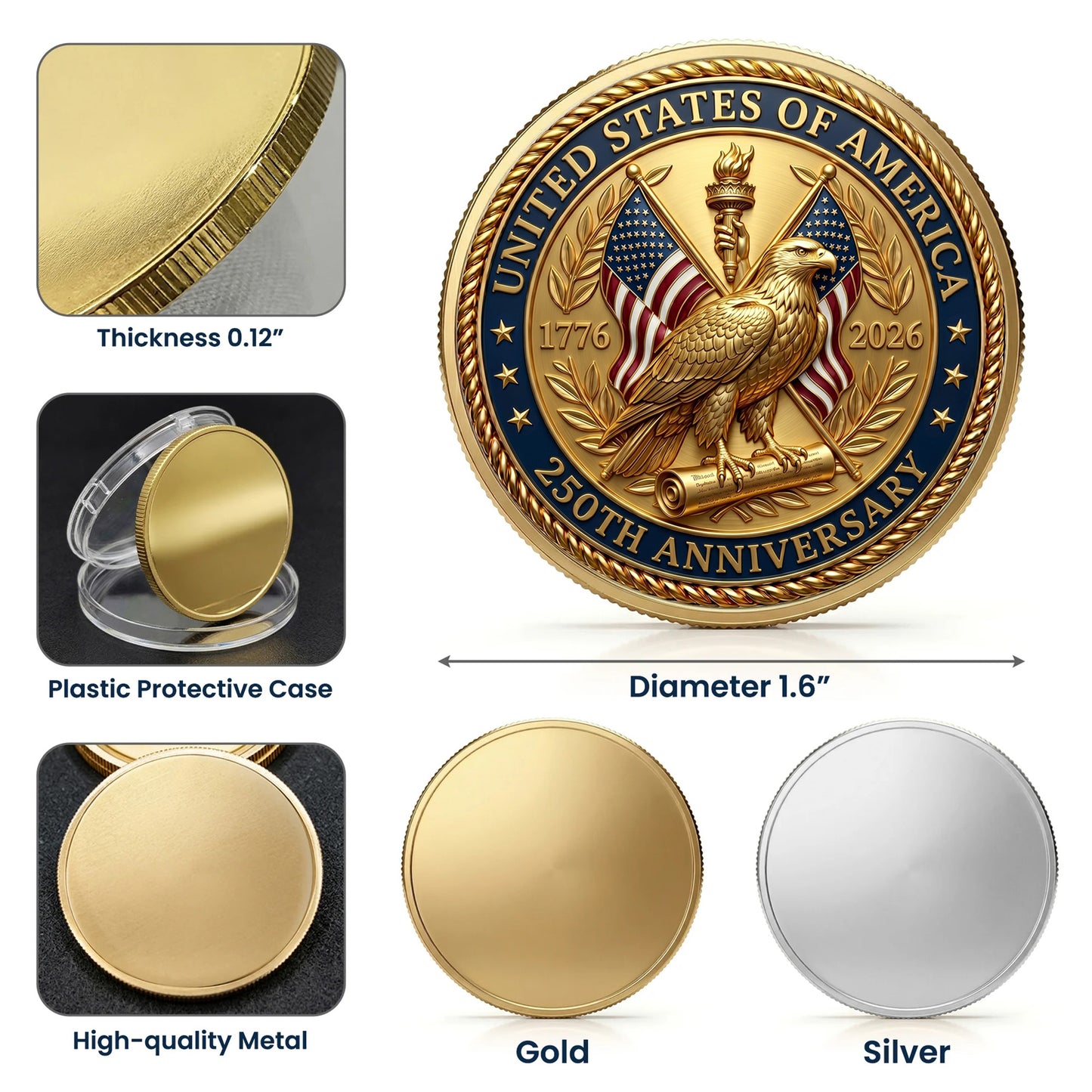 250th Anniversary Commemorative Coin, Gold And Silver 250th Coin, 1776-2026 Patriotic Independence Day Gifts ETHY-05056300
