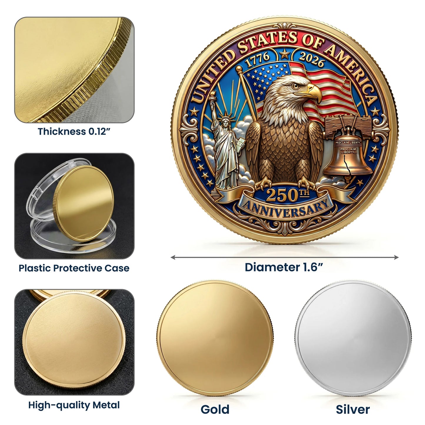 1776-2026 Patriotic Commemorative Coin, Gold And Silver 250th Coin, Patriotic Gifts ETHY-05056300
