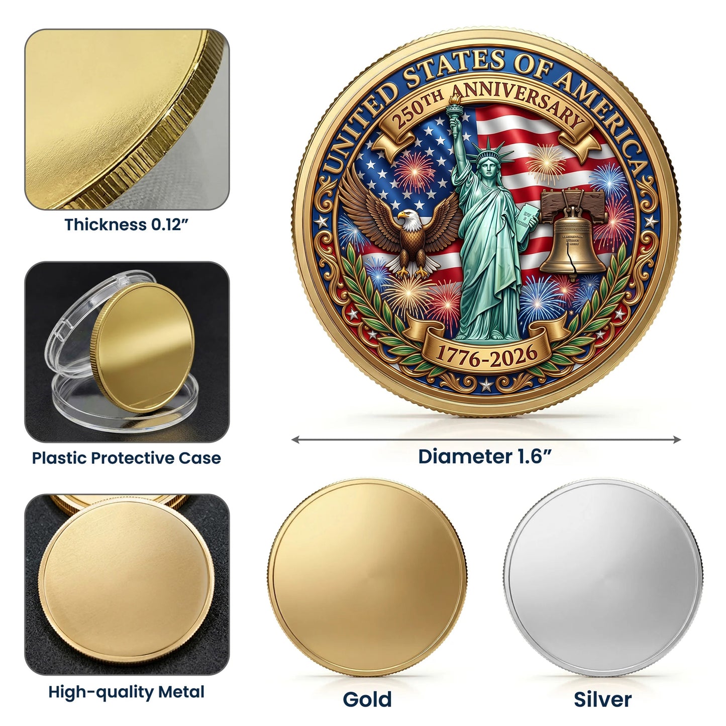 US America 1776-2026 250th Anniversary Commemorative Coin, Gold And Silver 250th Coin, Patriotic Gifts ETHY-05056300