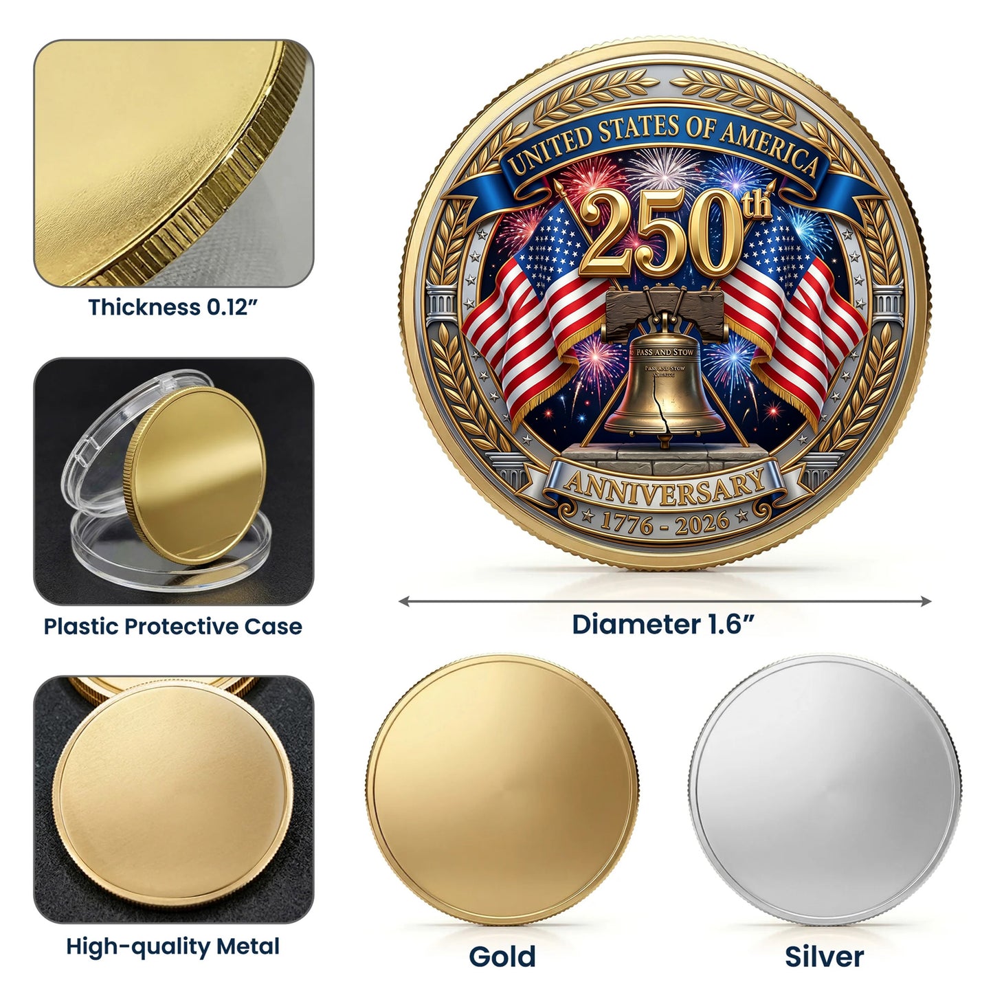 250th Anniversary Of Independence Commemorative Coin, Gold And Silver 250th Coin, 1776-2026 Patriotic Gifts