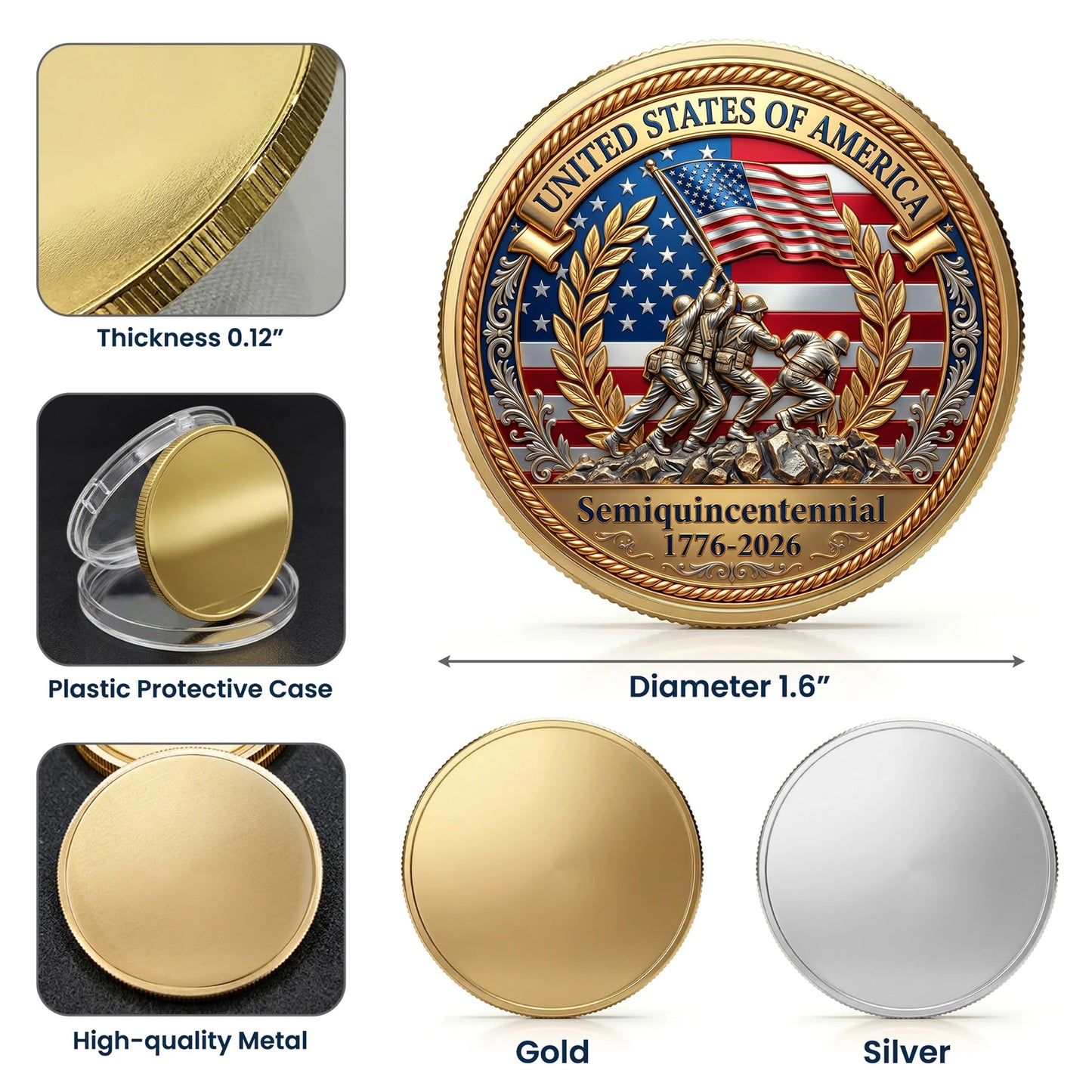 US America 250th Anniversary Commemorative Coin, Gold And Silver 250th Coin, Patriotic American ETHY-05056300