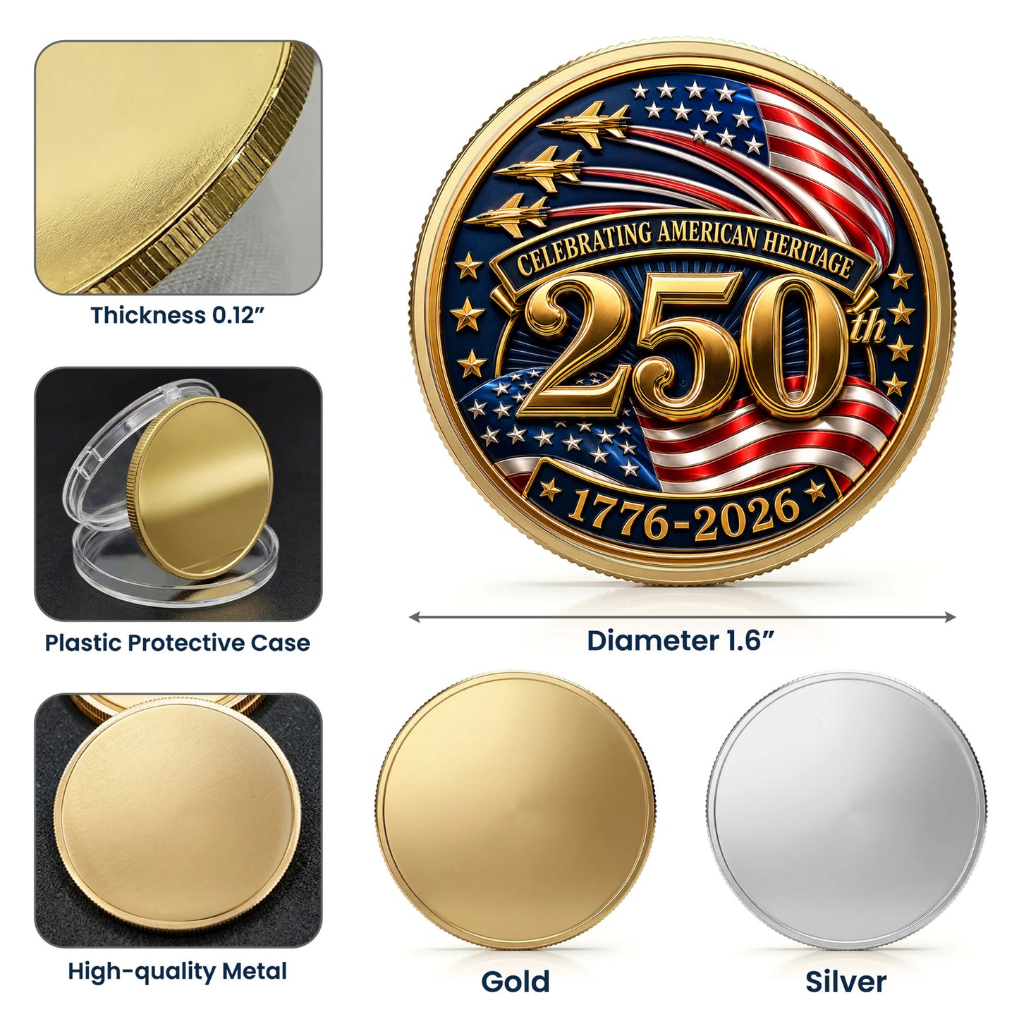 250th Anniversary USA Independence 1776–2026 Commemorative Coin, Gold And Silver 250th Coin, Patriotic Gifts ETHY-05056300