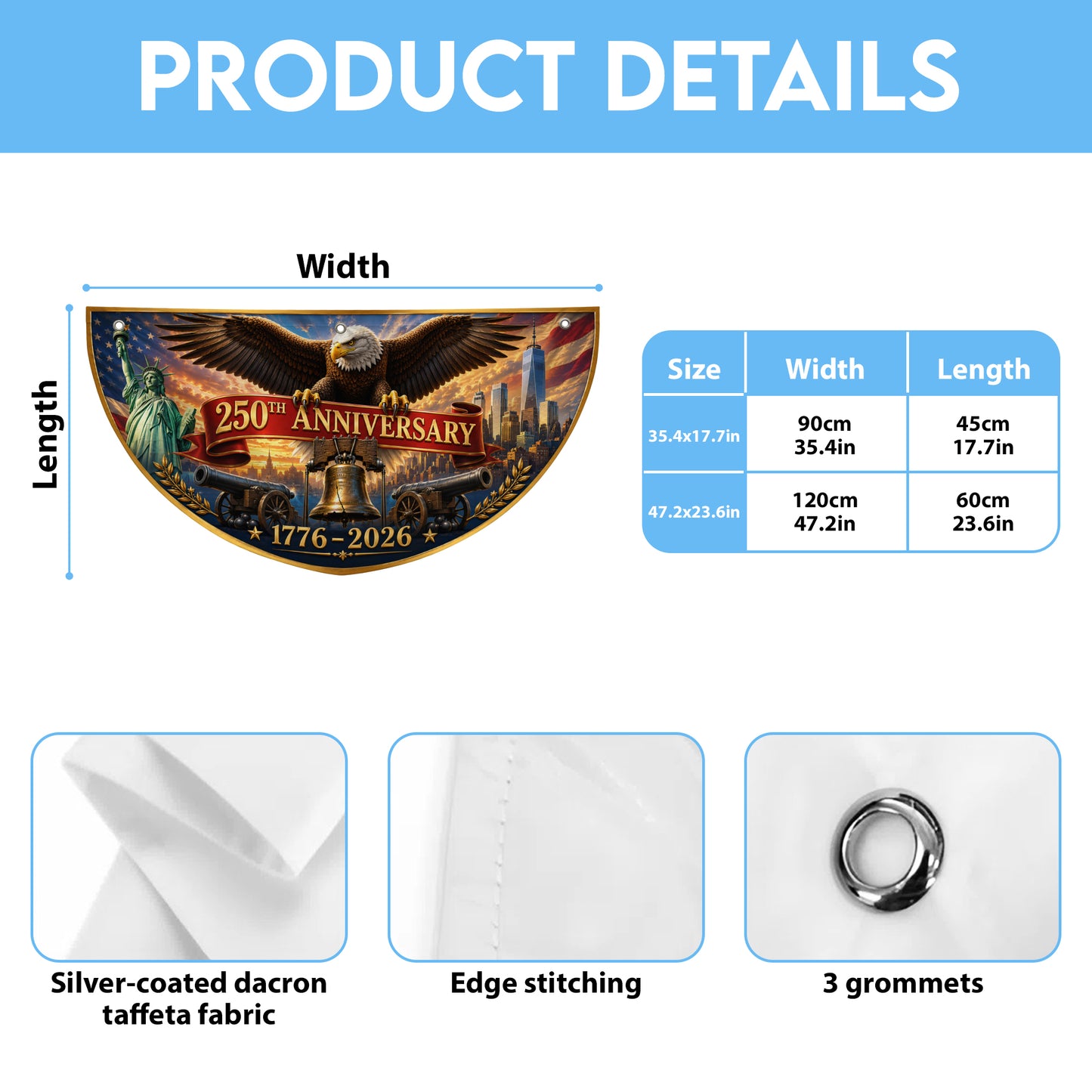 250th Anniversary America Semicirle Flag, 1776–2026 Patriotic USA Independence Decor ETHY-05156481