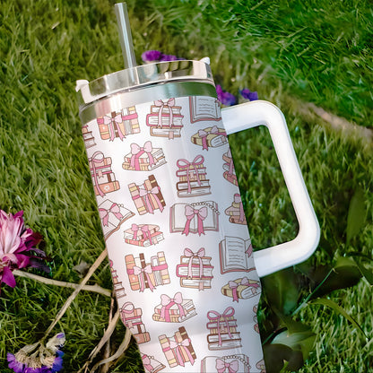 Book Lover Gift Tumbler – 40oz Pink Ribbon Bookish Cup