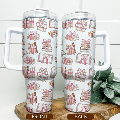 Book Lover Gift Tumbler – 40oz Pink Ribbon Bookish Cup
