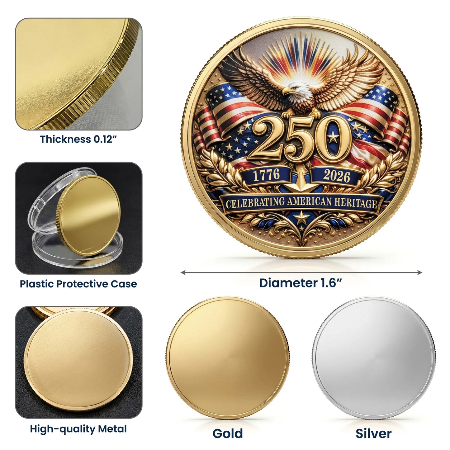 Personalized Independence Day 250 Years Of America Commemorative Coin, Gold And Silver 250th Coin, 250th Anniversary Gifts EKHI-05076331