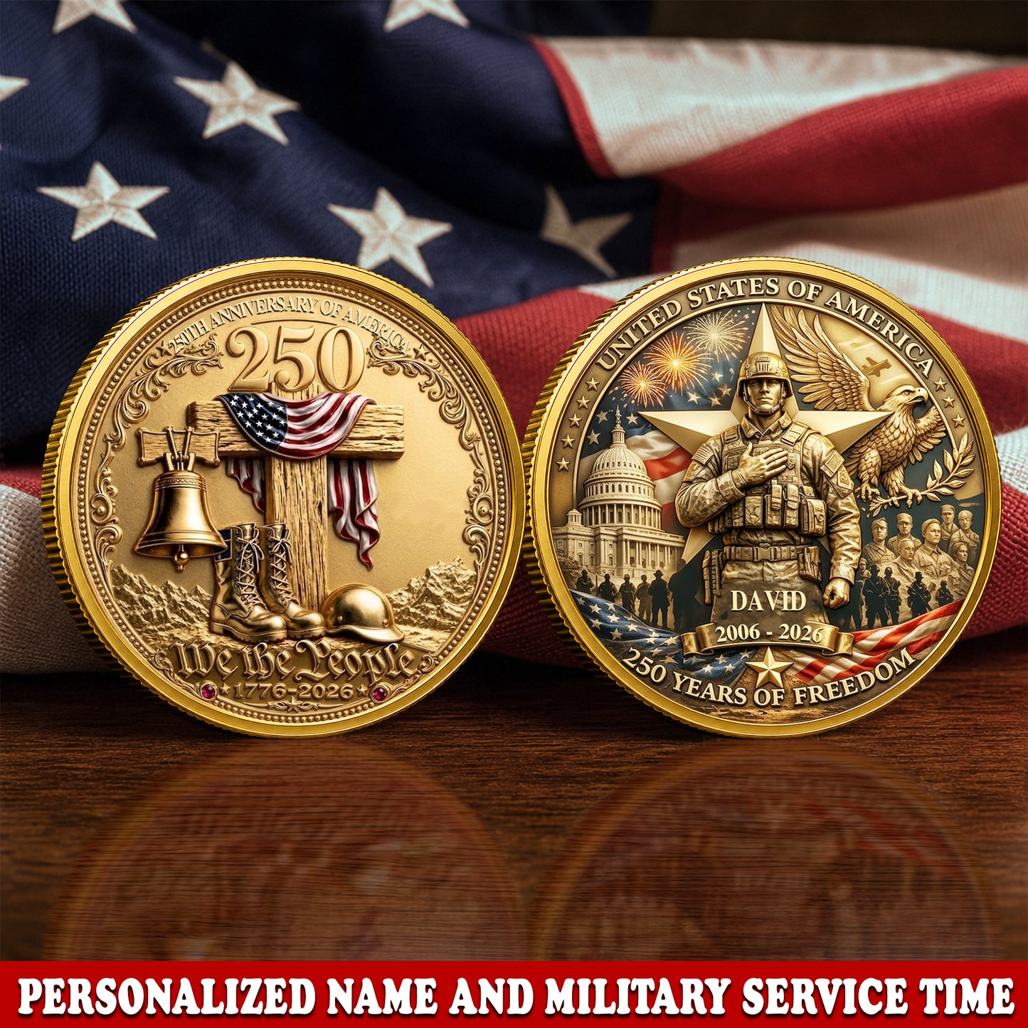 Personalized Independence Day 250th Anniversary Commemorative Coin With Name And Military Service Time, Gold And Silver 250th Coin, July 4th Gifts EKHI-05086351