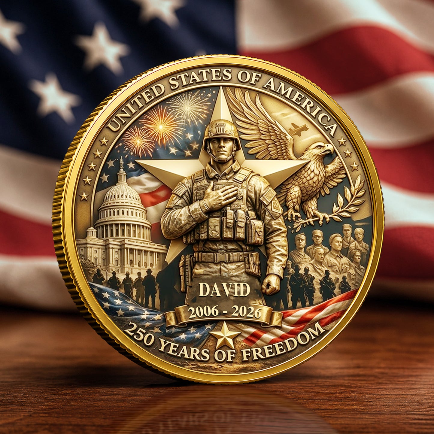 Personalized Independence Day 250th Anniversary Commemorative Coin With Name And Military Service Time, Gold And Silver 250th Coin, July 4th Gifts EKHI-05086351