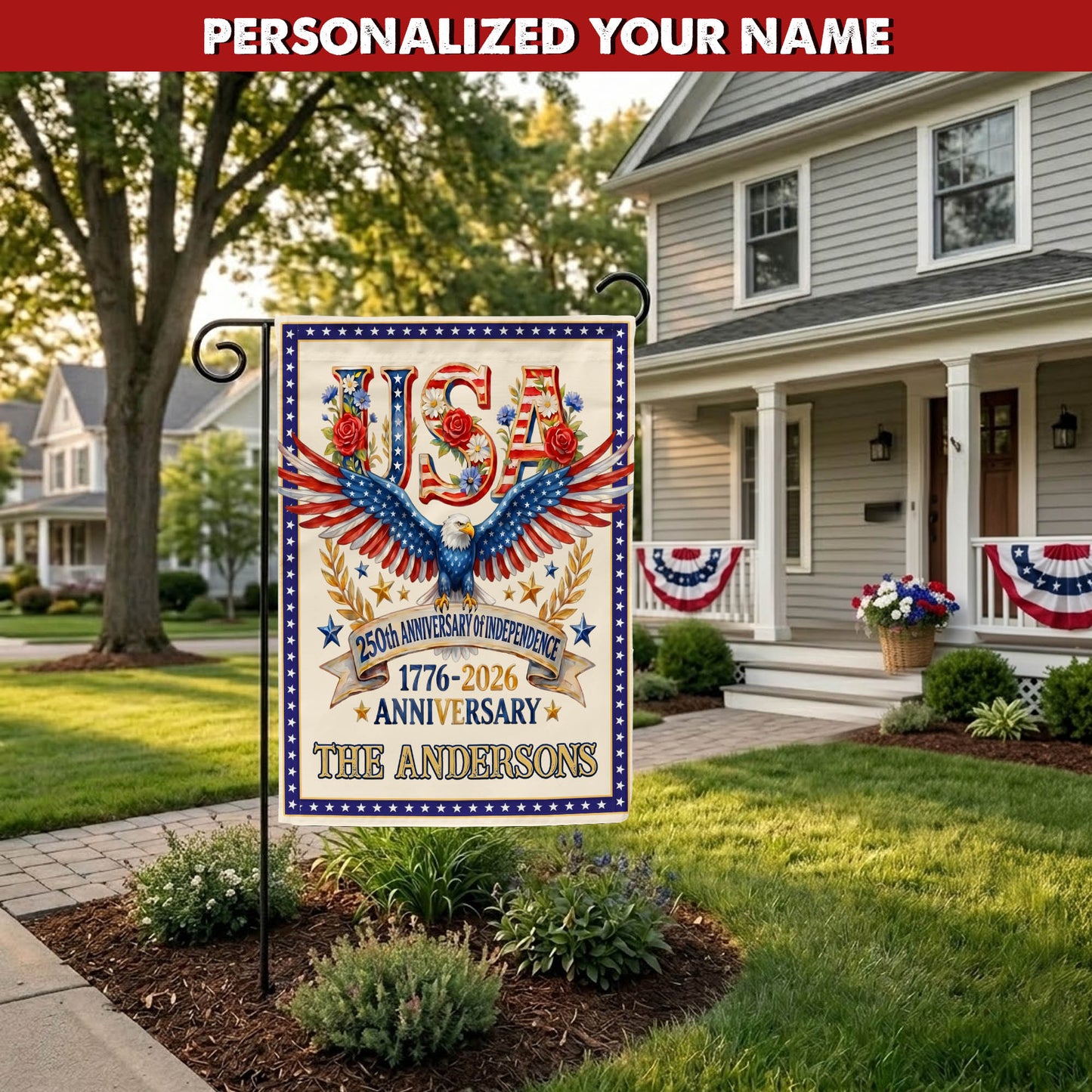 Personalized America 250th Anniversary Garden Flag With Name, 1776-2026 USA Flag, Patriotic Eagle Outdoor Yard Decor EKHI-05116385