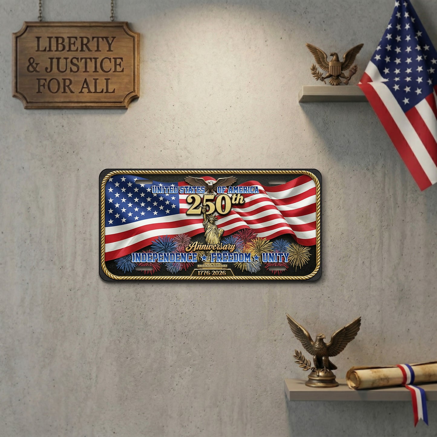 Patriotic USA 250th Anniversary License Plate, Commemorative 1776-2026 License Plate with American Flag, Home Decor ETHY-01225201