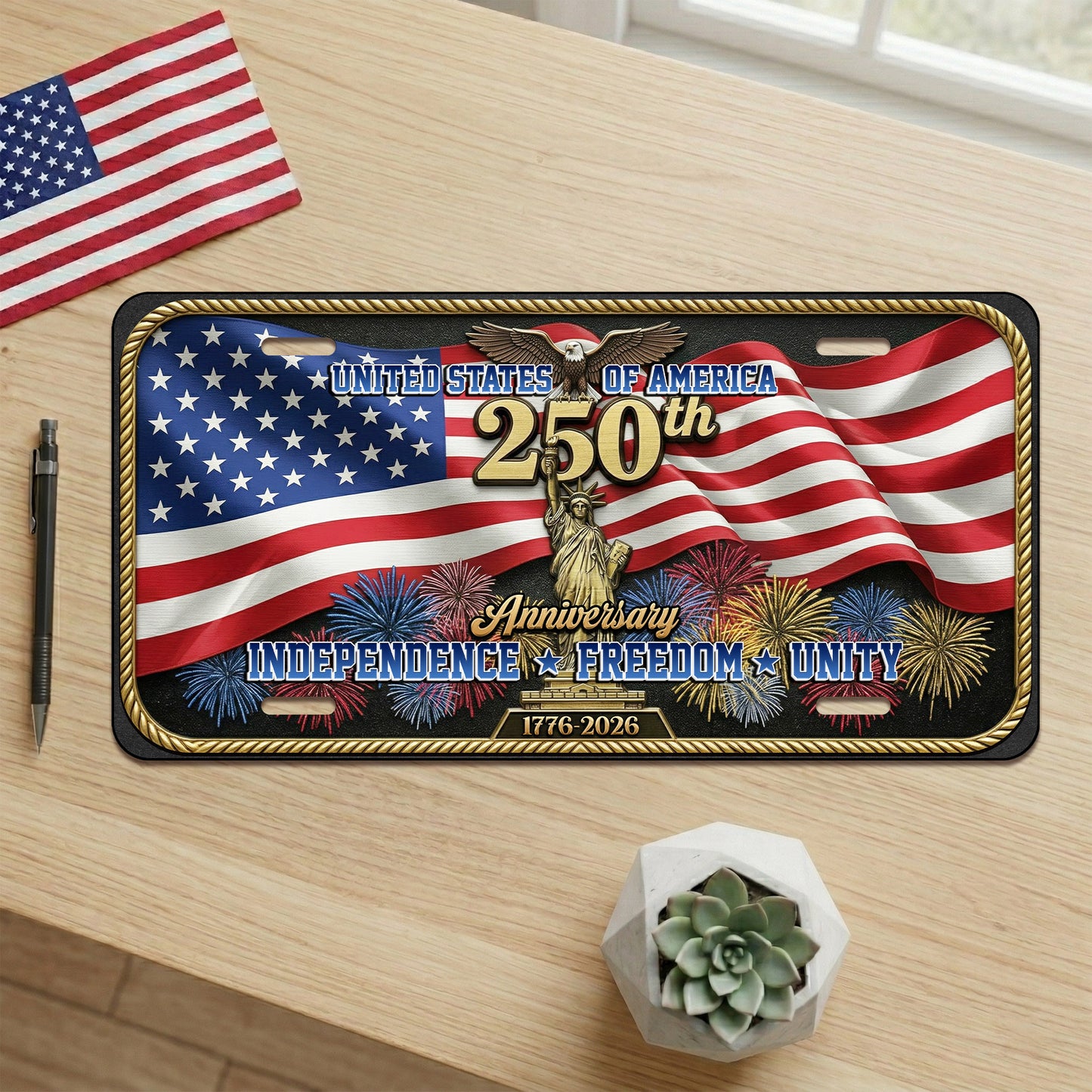 Patriotic USA 250th Anniversary License Plate, Commemorative 1776-2026 License Plate with American Flag, Home Decor ETHY-01225201