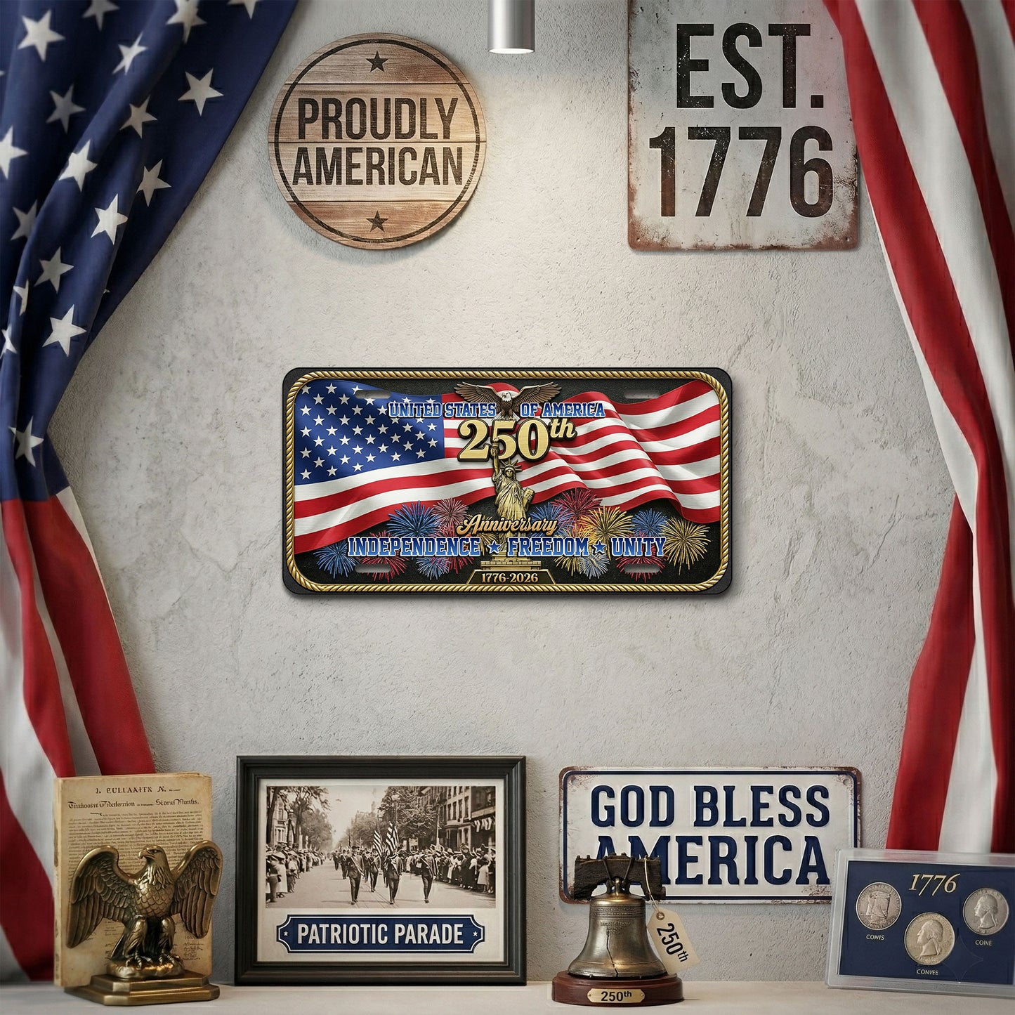 Patriotic USA 250th Anniversary License Plate, Commemorative 1776-2026 License Plate with American Flag, Home Decor ETHY-01225201