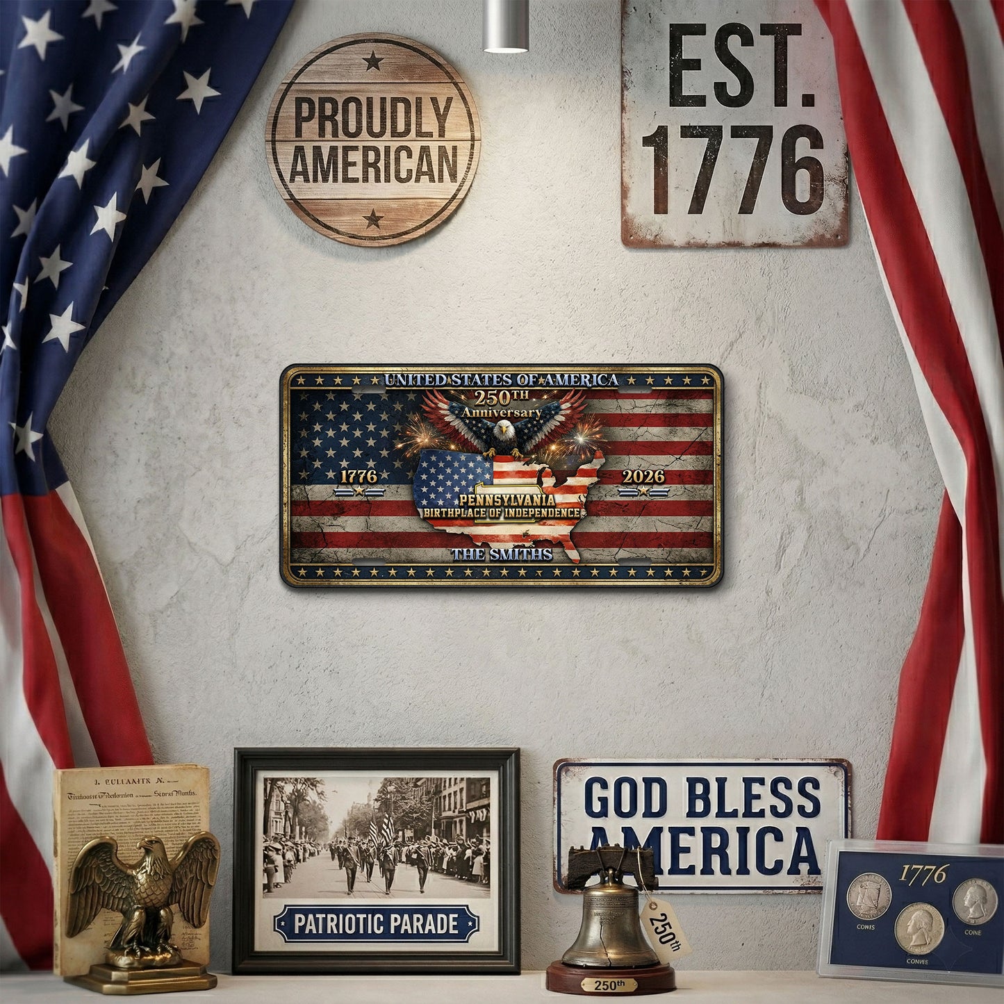 Personalized USA 250th Anniversary License Plate, 1776-2026 Patriotic Commemorative Gift ETHY-01225201