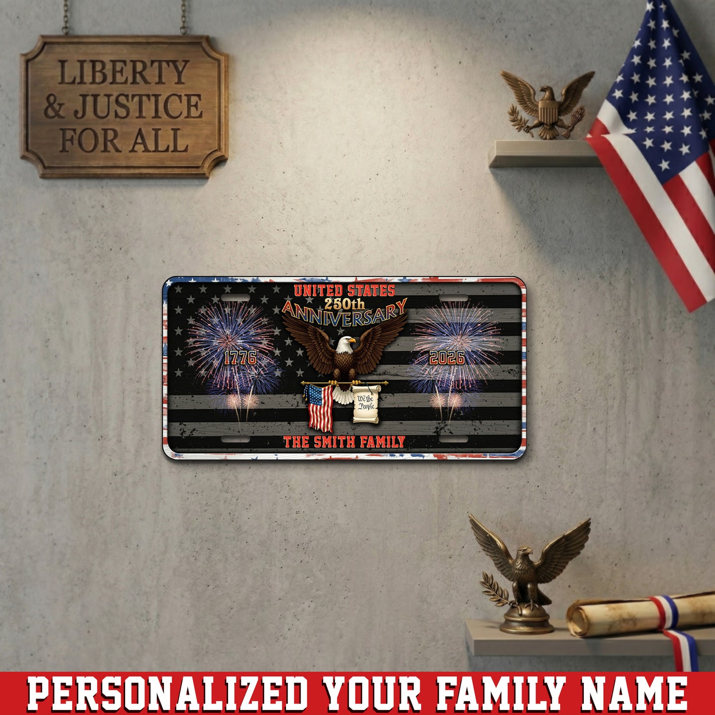 Personalized 250th Anniversary License Plate, Custom Family Name Patriotic Eagle License Plate, Home Decor
 ETHY-01225201