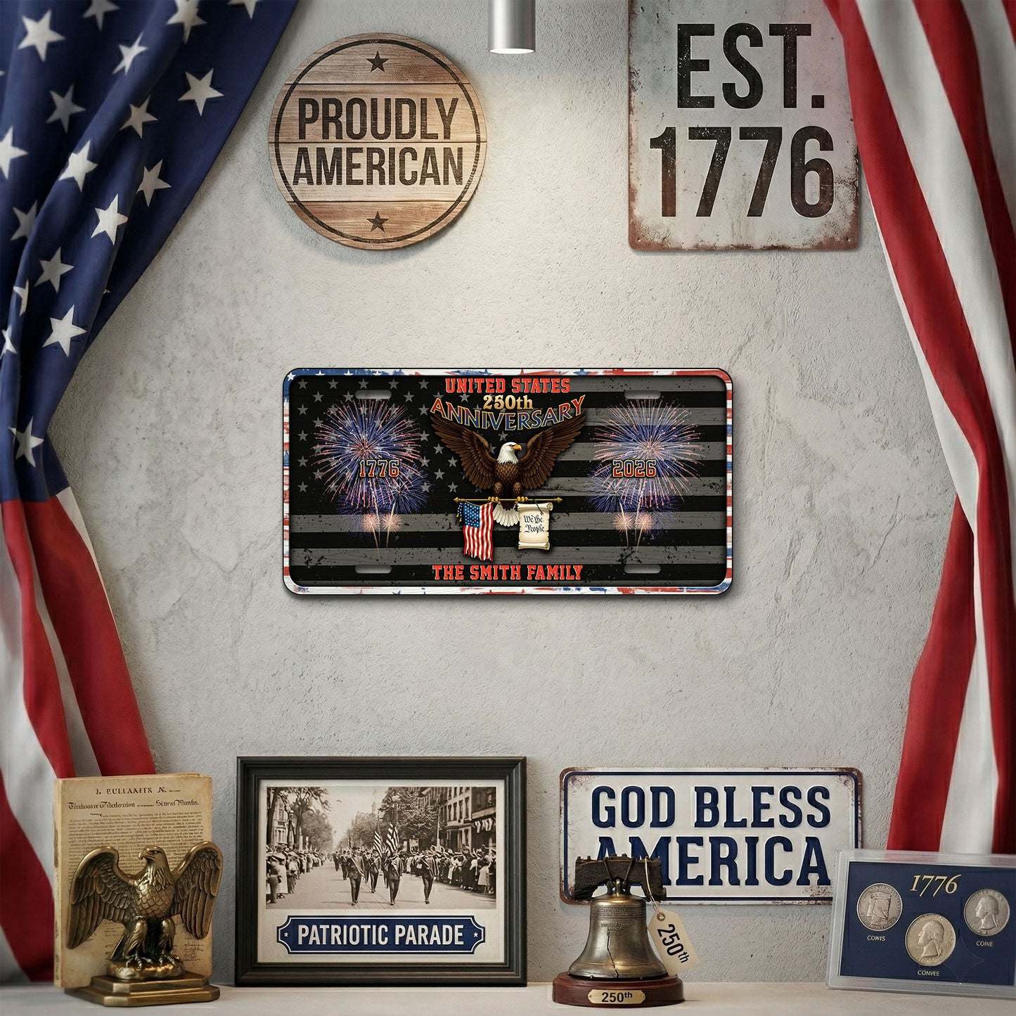 Personalized 250th Anniversary License Plate, Custom Family Name Patriotic Eagle License Plate, Home Decor
 ETHY-01225201