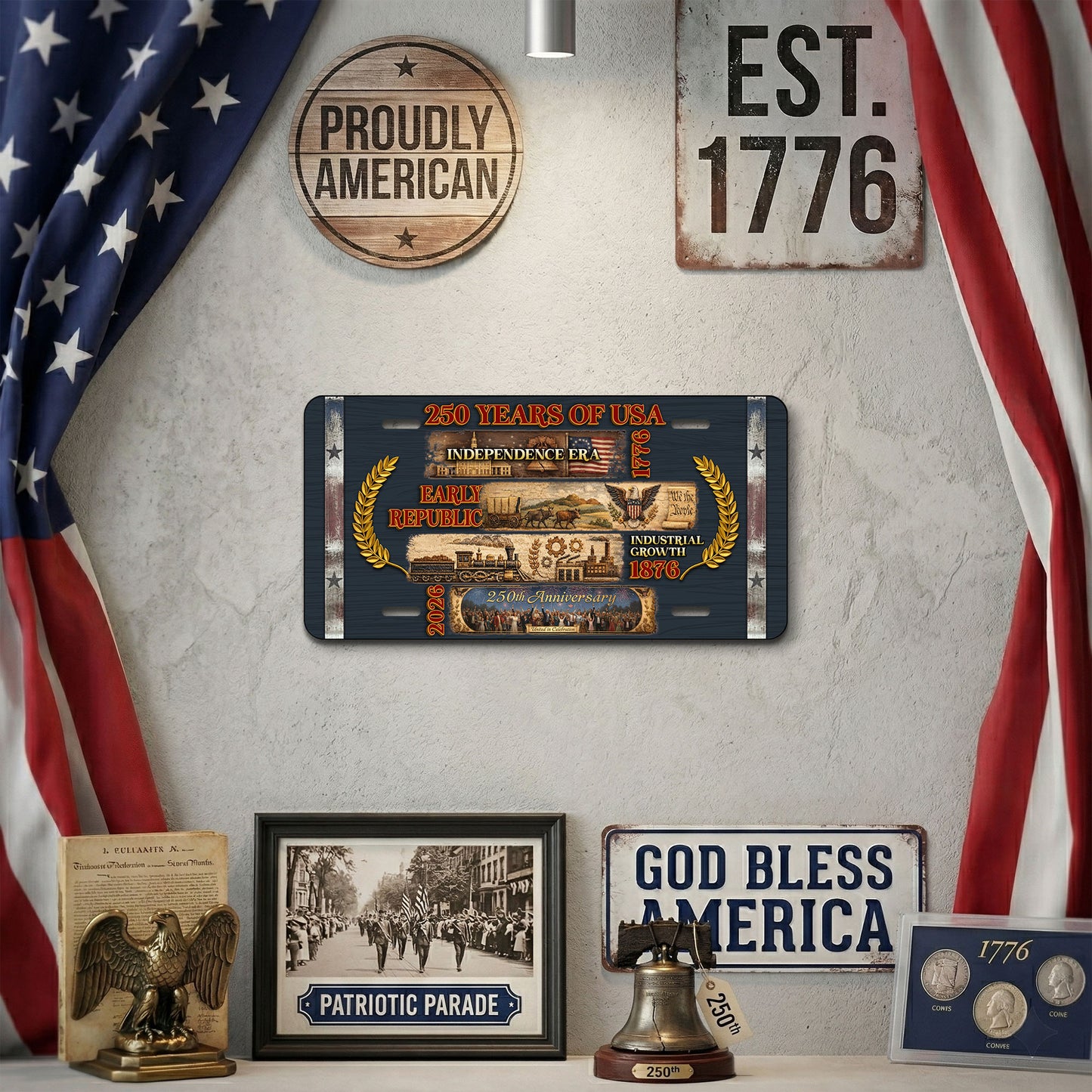 Commemorative 250th Anniversary License Plate, 1776-2026 USA History Patriotic License Plate, Home Decorations ETHY-01225201