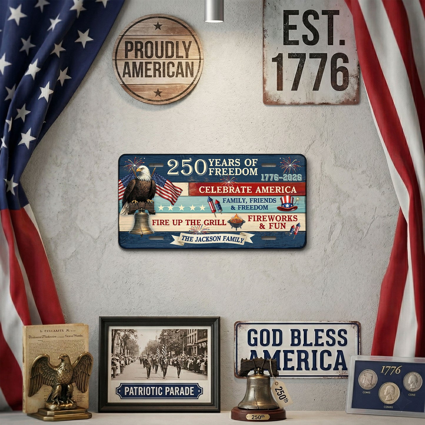 Personalized 250th Anniversary License Plate, 1776-2026 America Bald Eagle Auto License Plate ETHY-01225201
