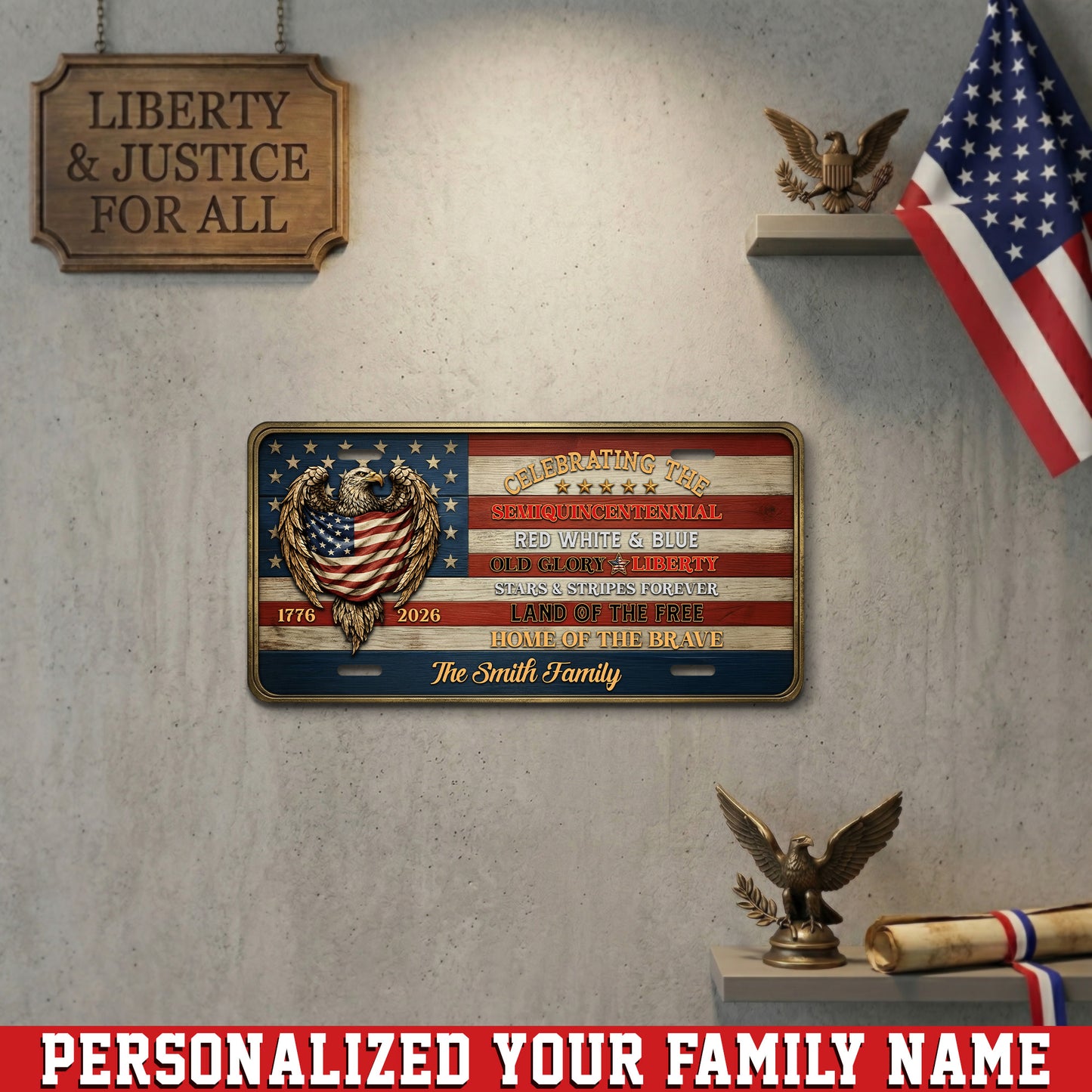 Personalized Patriotic American Flag & Eagle License Plate, 250th Anniversary Gifts ETHY-01225201