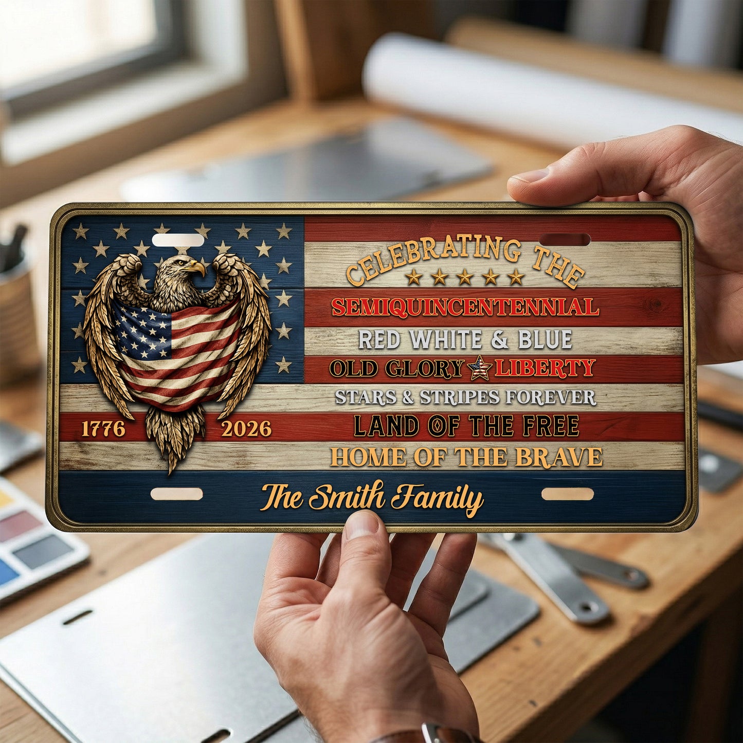 Personalized Patriotic American Flag & Eagle License Plate, 250th Anniversary Gifts ETHY-01225201
