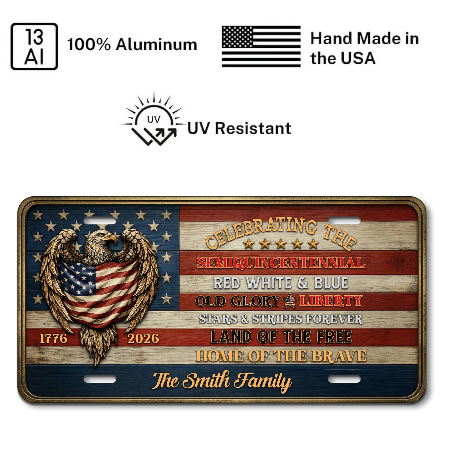 Personalized Patriotic American Flag & Eagle License Plate, 250th Anniversary Gifts ETHY-01225201