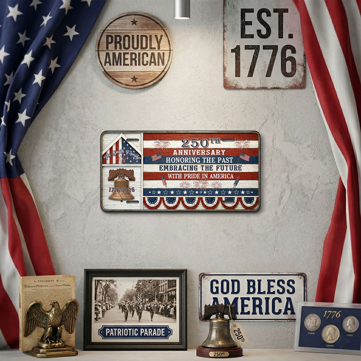 Custom 250th Anniversary License Plate, 1776-2026 Patriotic Gifts ETHY-01225201