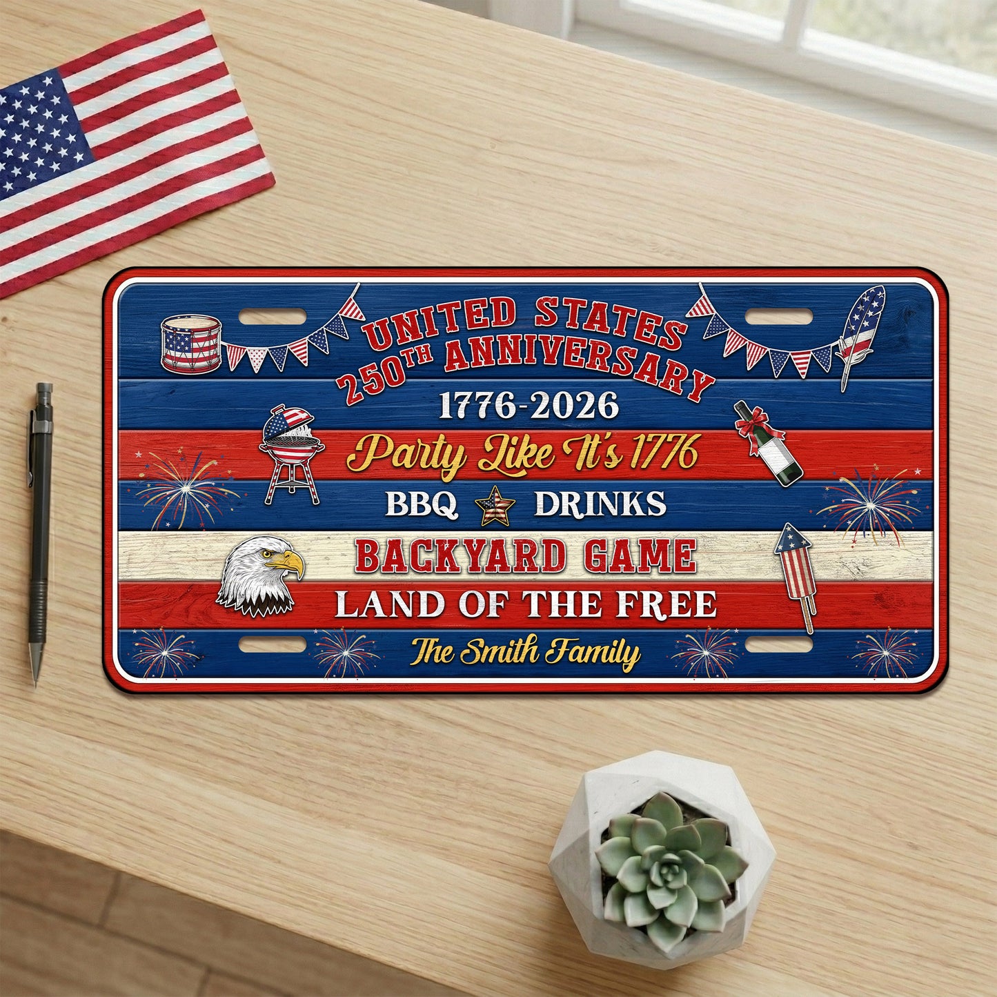 Custom 250th Anniversary License Plate With Family Name, 1776 Patriotic Gifts ETHY-01225201