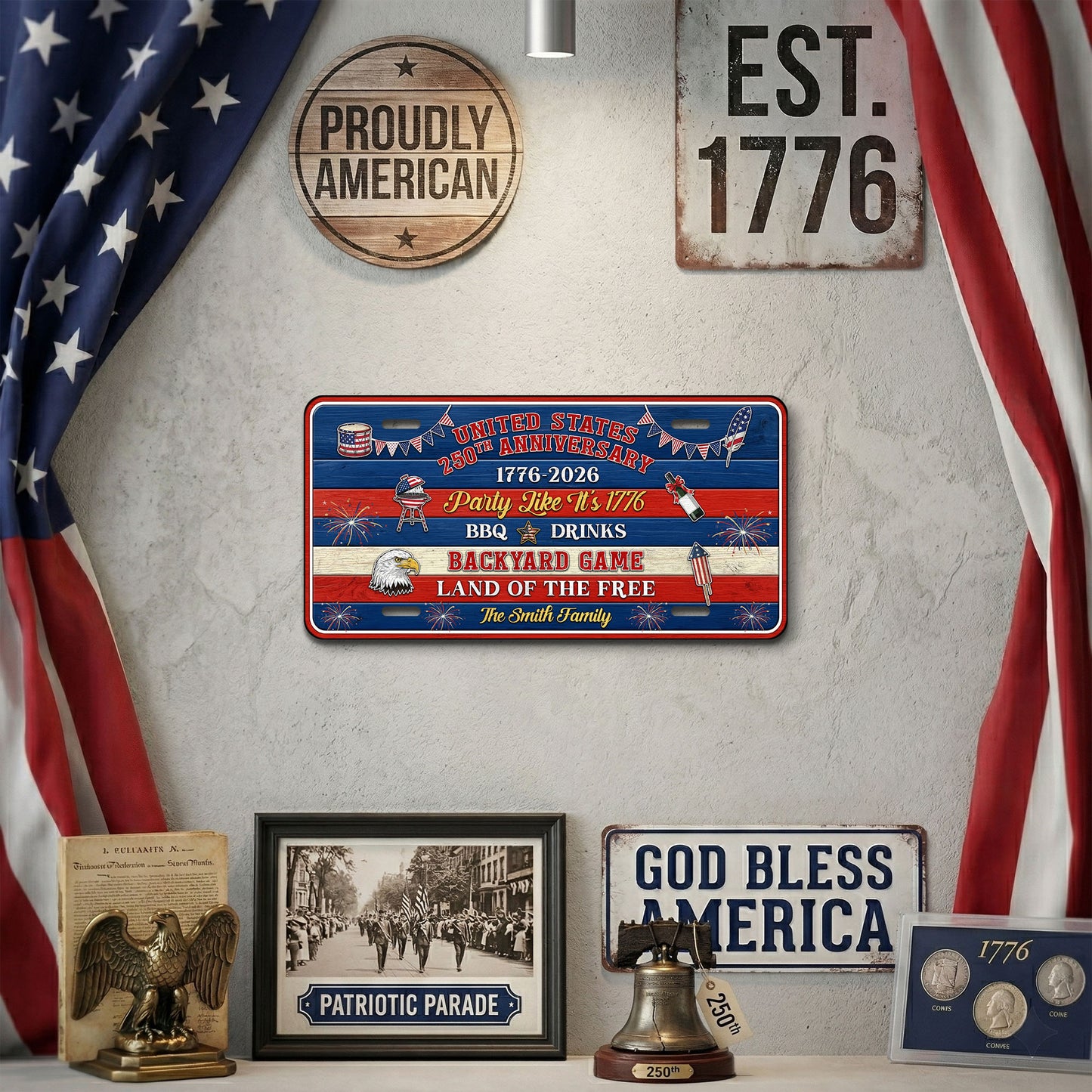 Custom 250th Anniversary License Plate With Family Name, 1776 Patriotic Gifts ETHY-01225201