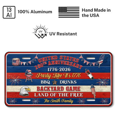 Custom 250th Anniversary License Plate With Family Name, 1776 Patriotic Gifts ETHY-01225201