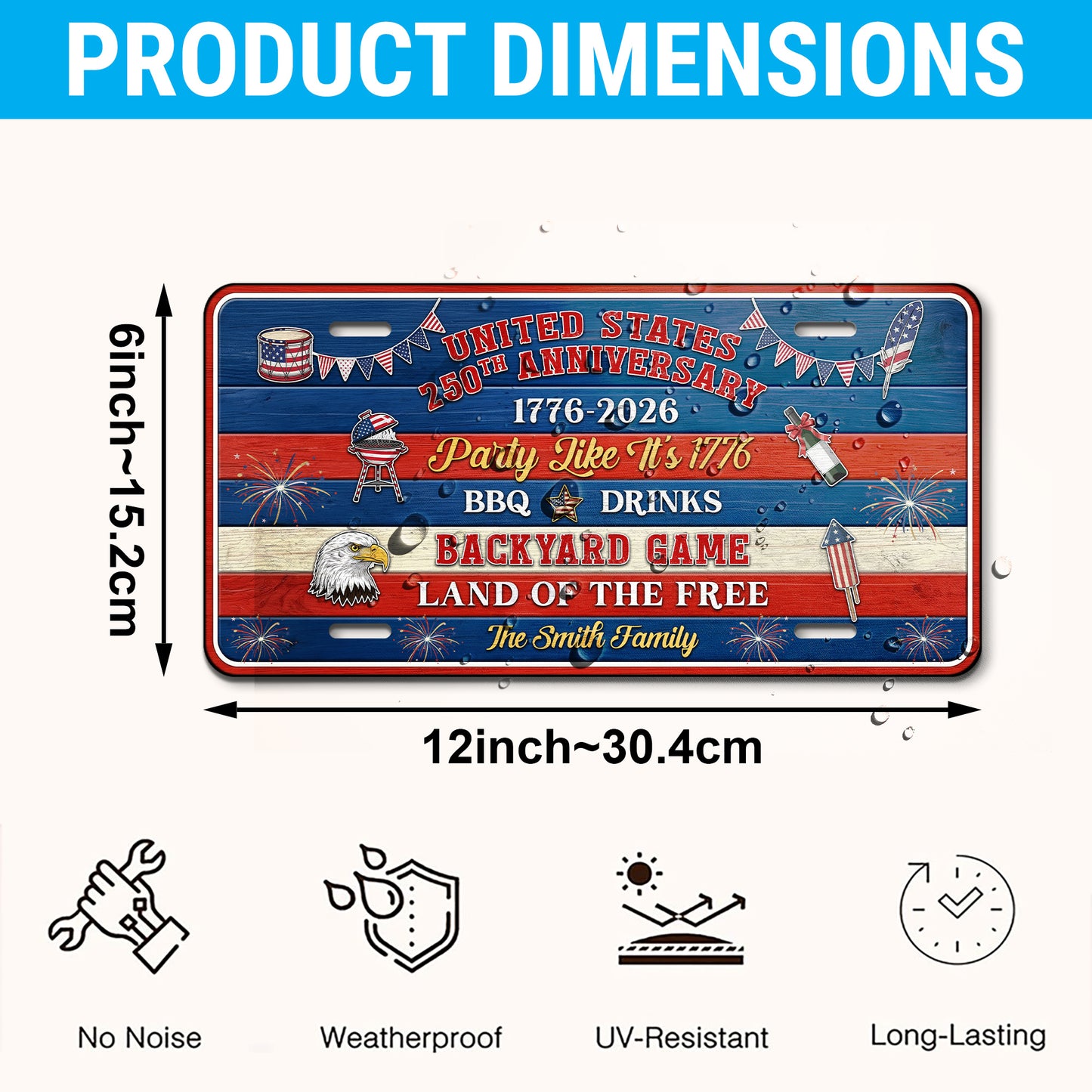 Custom 250th Anniversary License Plate With Family Name, 1776 Patriotic Gifts ETHY-01225201