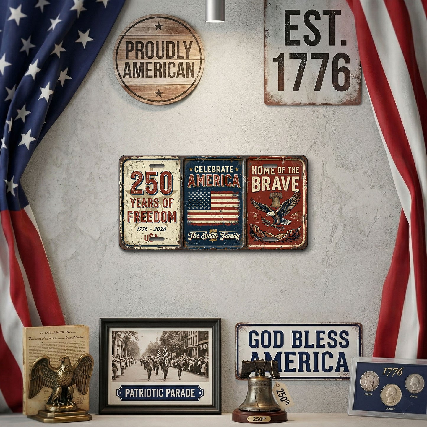 Personalized Vintage USA 250th Anniversary License Plate, Patriotic 1776-2026 Gifts ETHY-01225201
