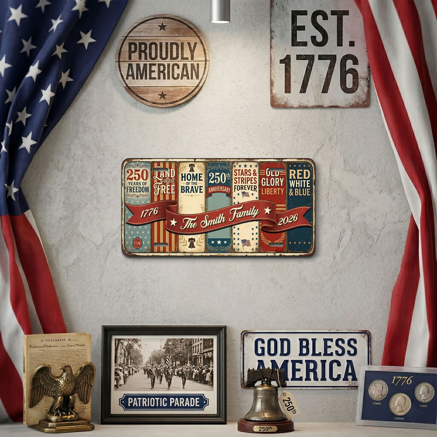 Personalized 250th Anniversary License Plate, 1776-2026 America Gifts ETHY-01225201