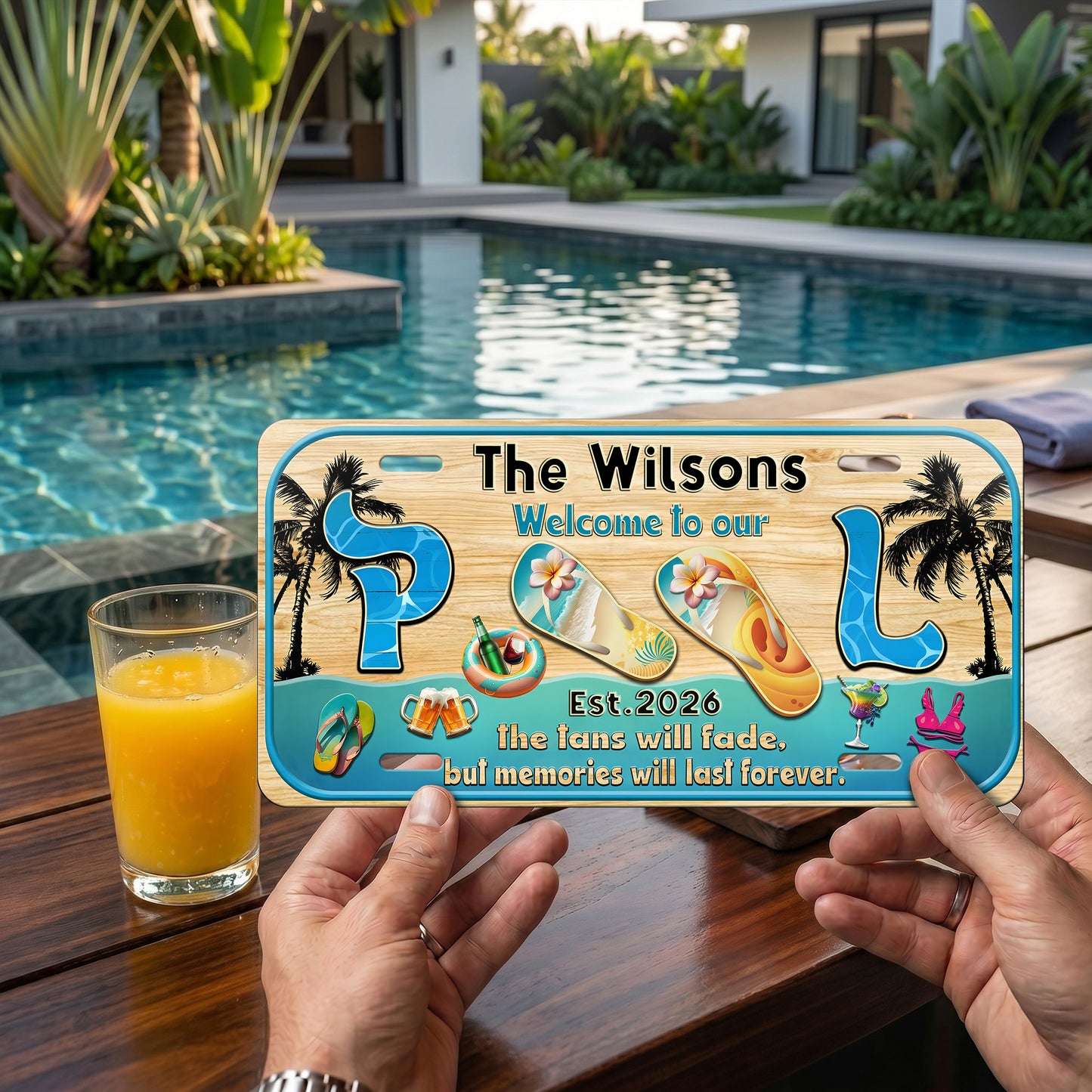 Custom Poolside License Plate With Family Name And Year, Pool Bar Sign, Outdoor Bar Patio, Backyard Poolside Gift ETHY-04085924