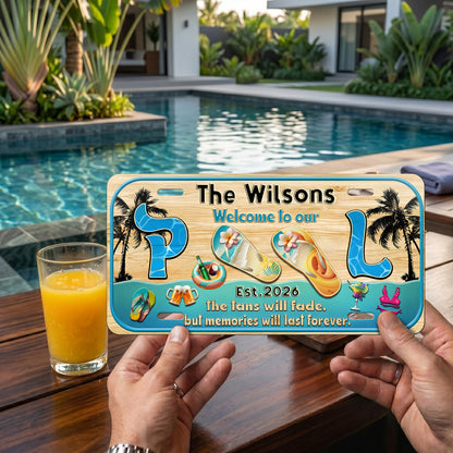 Custom Poolside License Plate With Family Name And Year, Pool Bar Sign, Outdoor Bar Patio, Backyard Poolside Gift ETHY-04085924