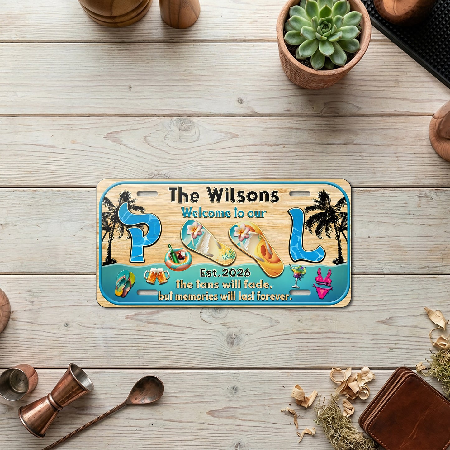 Custom Poolside License Plate With Family Name And Year, Pool Bar Sign, Outdoor Bar Patio, Backyard Poolside Gift ETHY-04085924