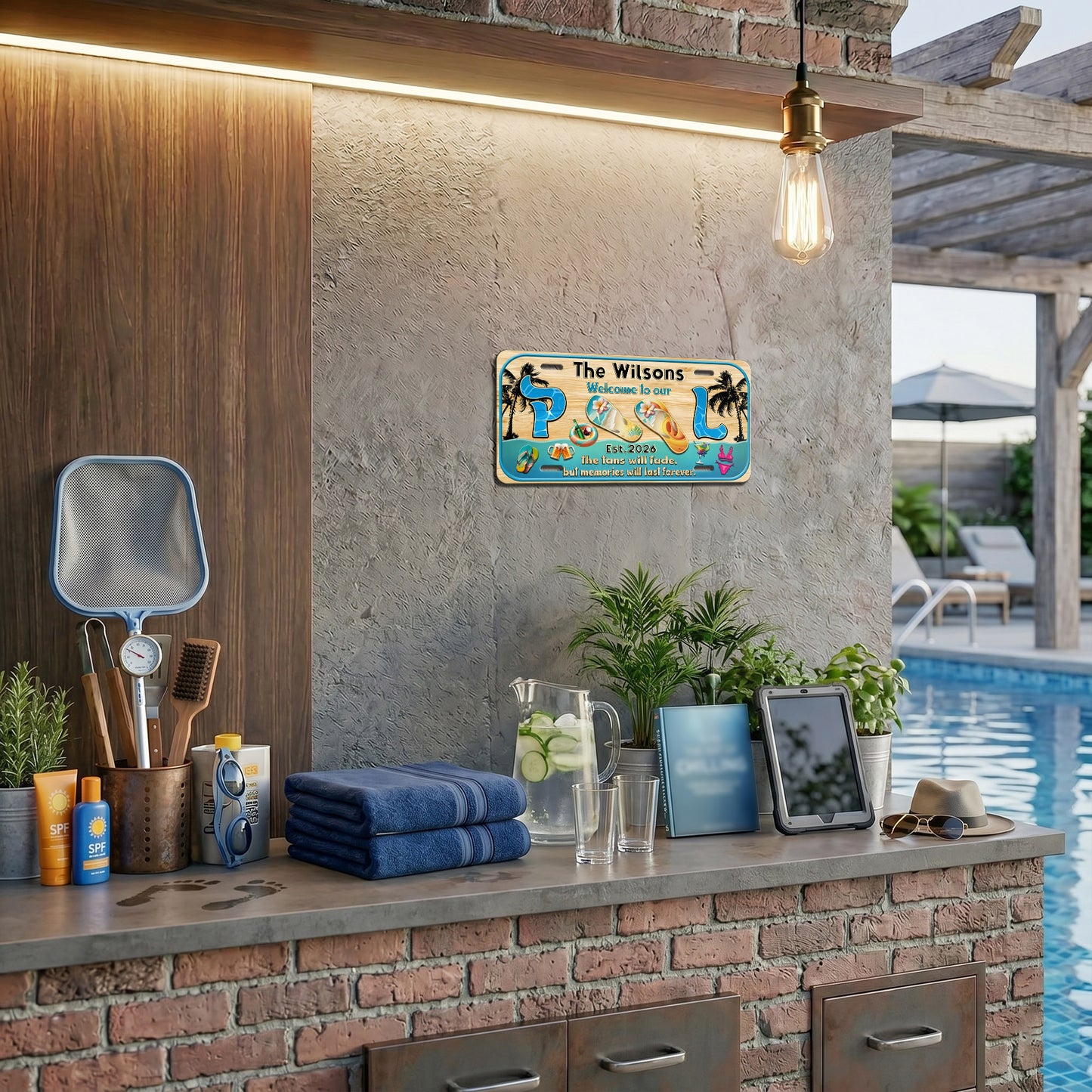 Custom Poolside License Plate With Family Name And Year, Pool Bar Sign, Outdoor Bar Patio, Backyard Poolside Gift ETHY-04085924