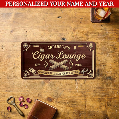 Personalized Cigar Lounge License Plate, Home Bar Aluminum Wall Decor, Man Cave Gift, Gift for Him ETHY-04085924