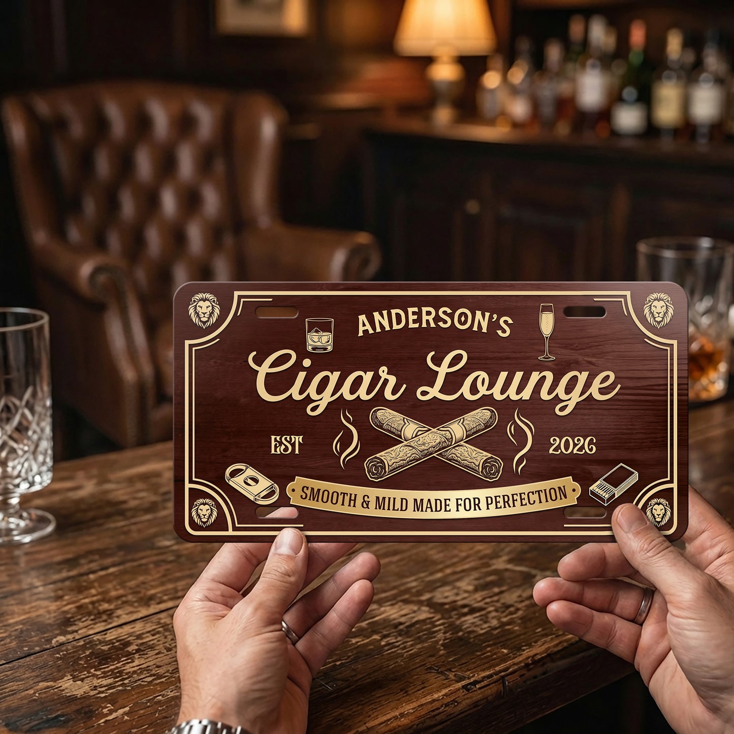 Personalized Cigar Lounge License Plate, Home Bar Aluminum Wall Decor, Man Cave Gift, Gift for Him ETHY-04085924
