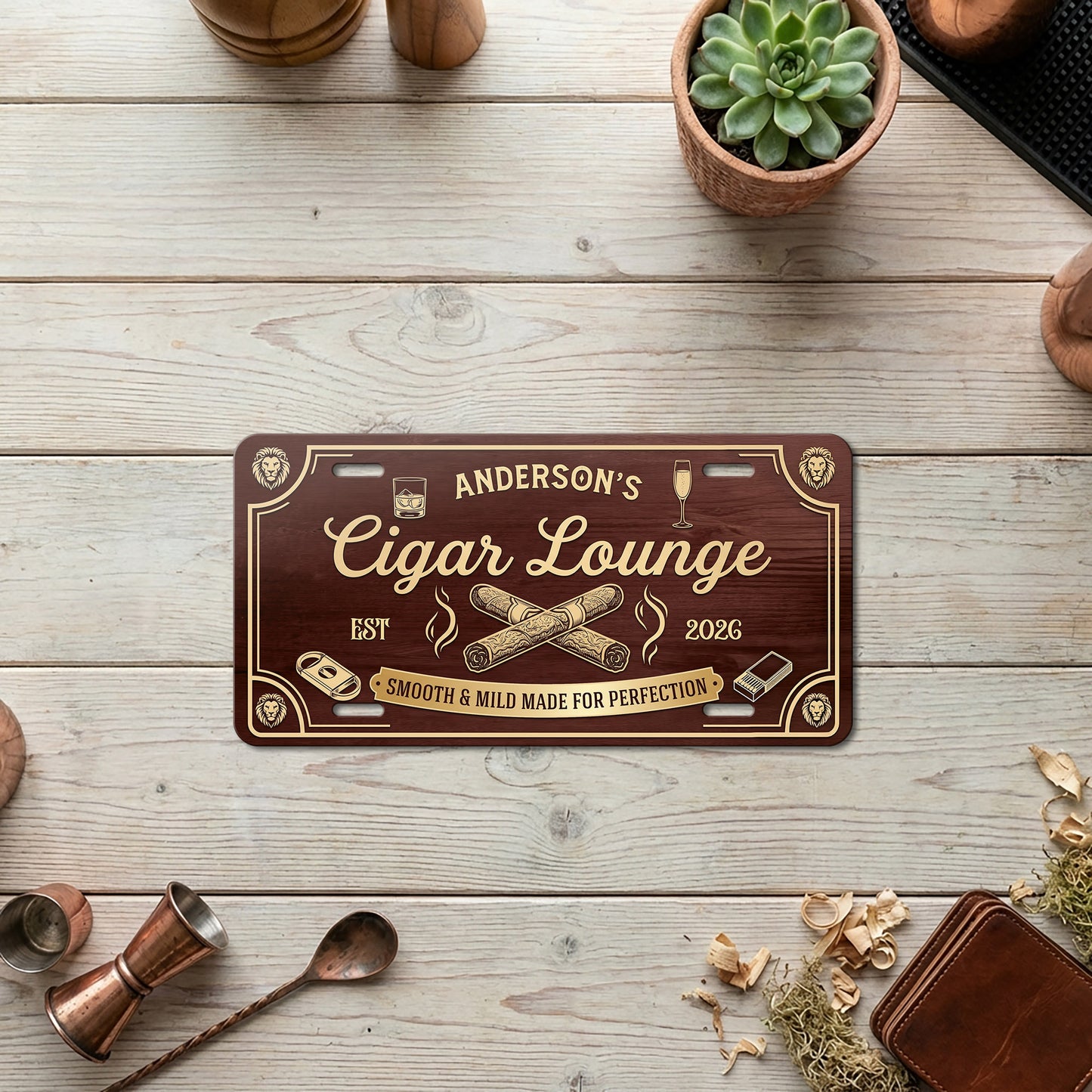 Personalized Cigar Lounge License Plate, Home Bar Aluminum Wall Decor, Man Cave Gift, Gift for Him ETHY-04085924