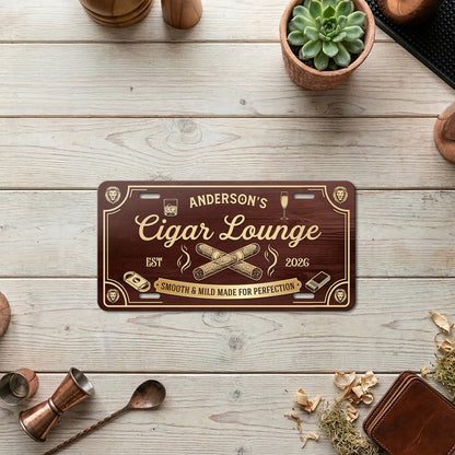 Personalized Cigar Lounge License Plate, Home Bar Aluminum Wall Decor, Man Cave Gift, Gift for Him ETHY-04085924