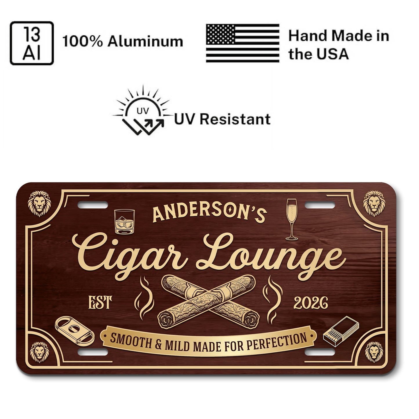 Personalized Cigar Lounge License Plate, Home Bar Aluminum Wall Decor, Man Cave Gift, Gift for Him ETHY-04085924