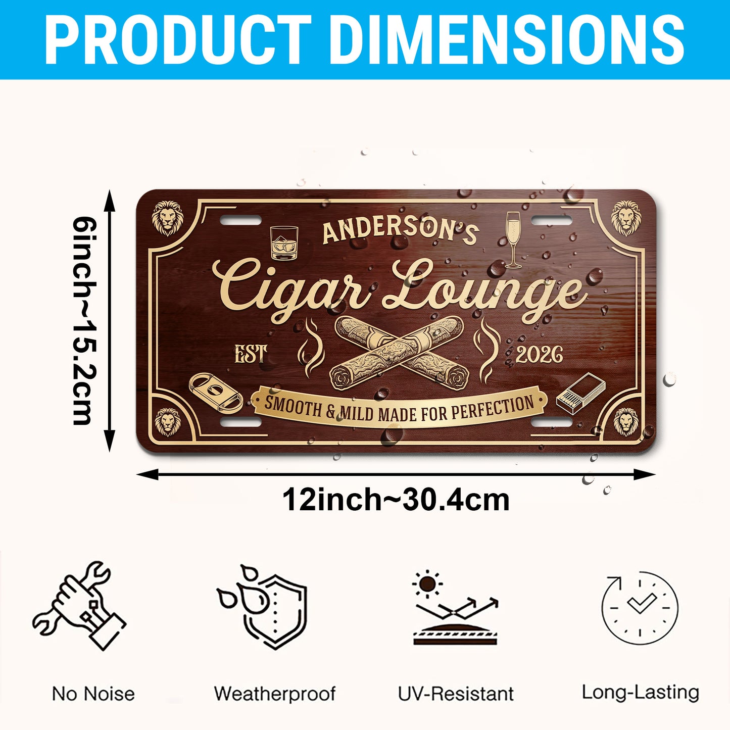 Personalized Cigar Lounge License Plate, Home Bar Aluminum Wall Decor, Man Cave Gift, Gift for Him ETHY-04085924