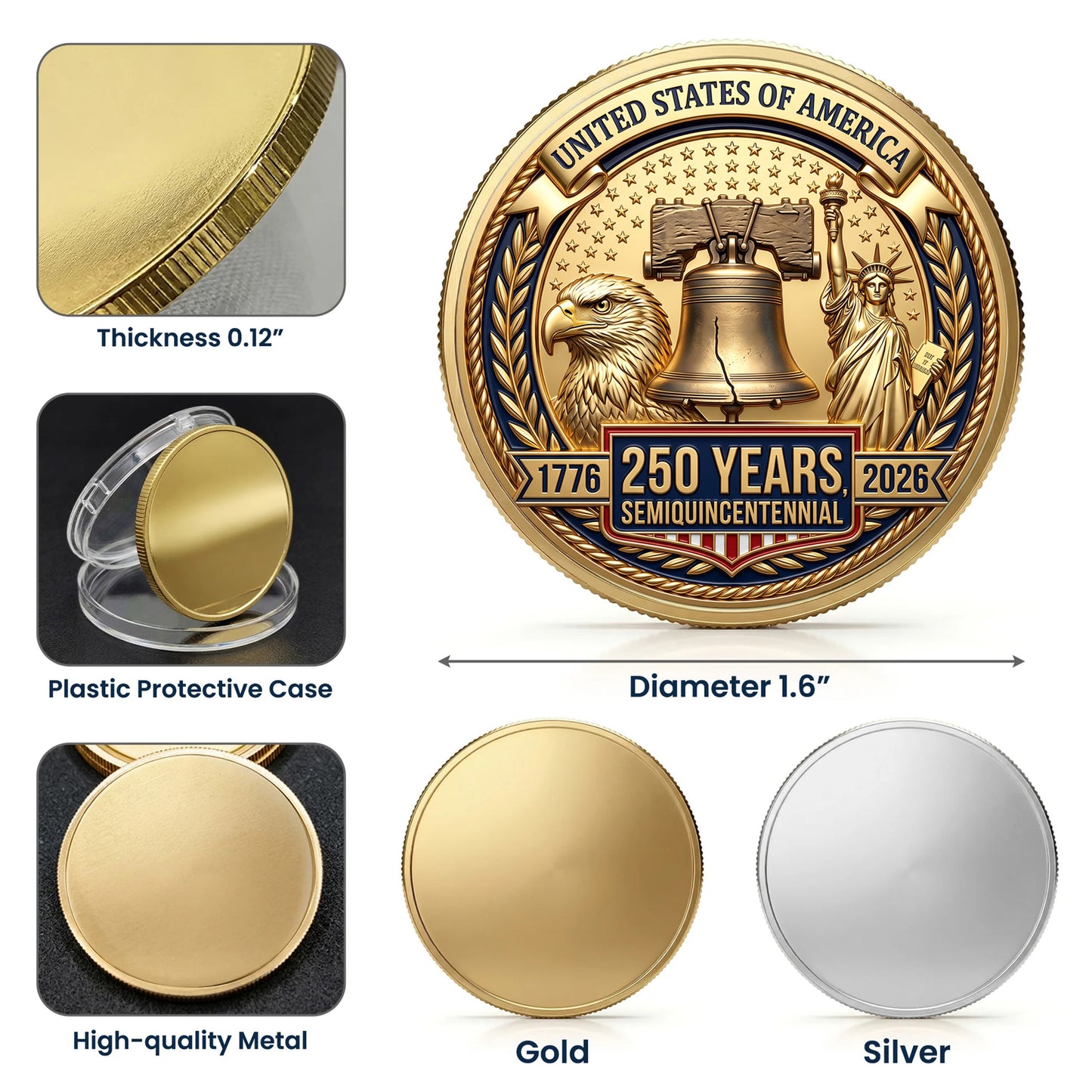 Patriotic USA 250th Anniversary Commemorative Coin, Gold And Silver 250th Coin, 1776-2026 Patriotic Gifts ETHY-05056300