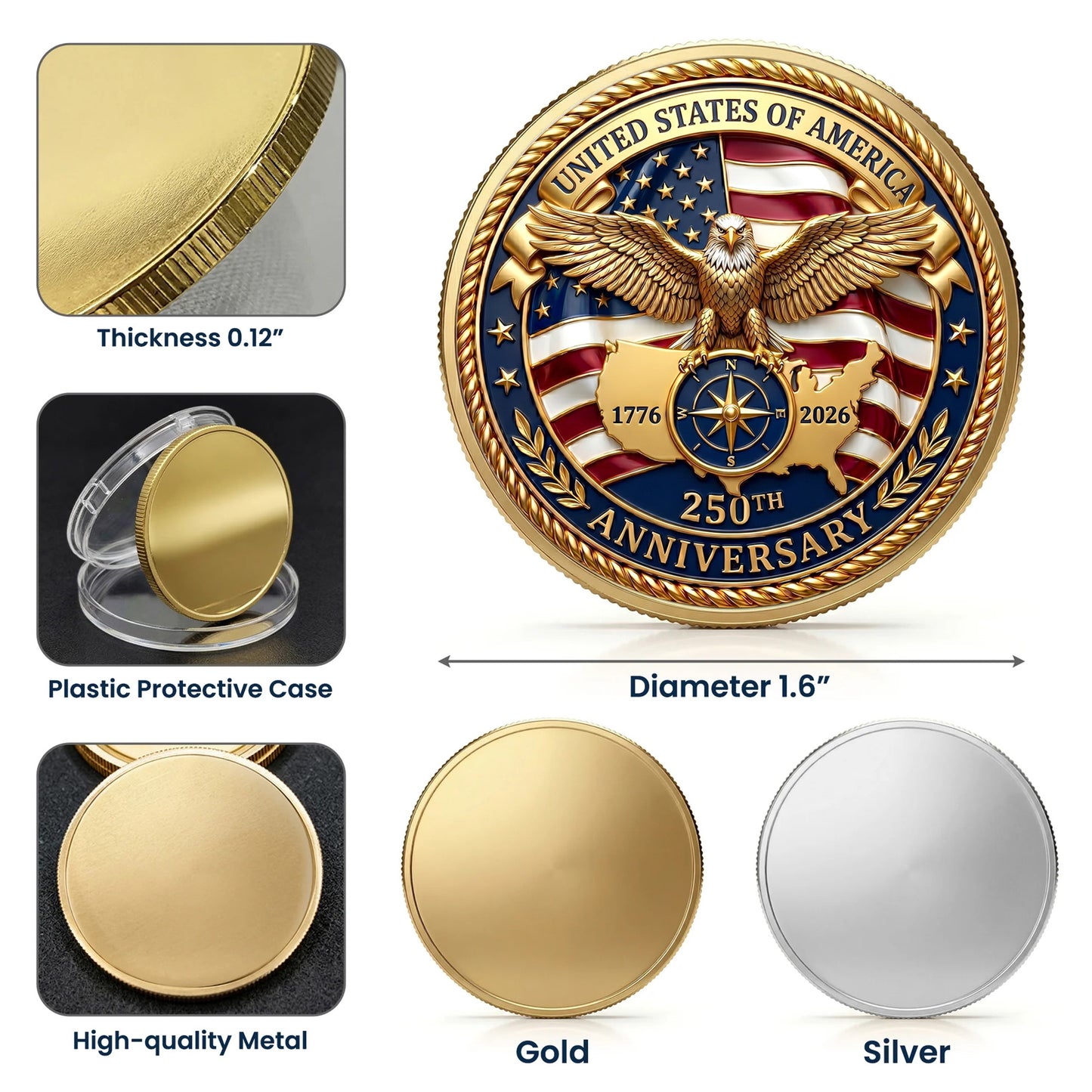 1776-2026 Patriotic 250th Anniversary Commemorative Coin, Gold And Silver 250th Coin, Patriotic Gifts