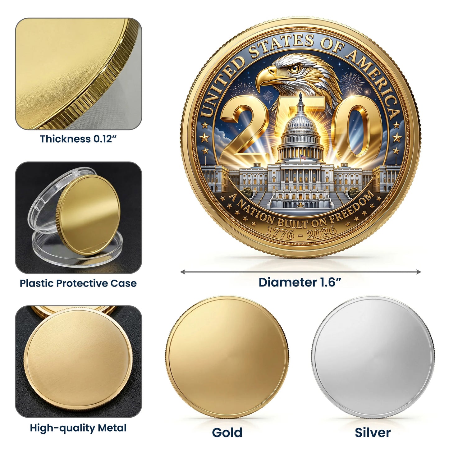 America 250th Anniversary 1776-2026 Semiquincentennial Commemorative Coin, Gold And Silver 250th Coin, 1776-2026 Patriotic Gifts ETHY-05056300