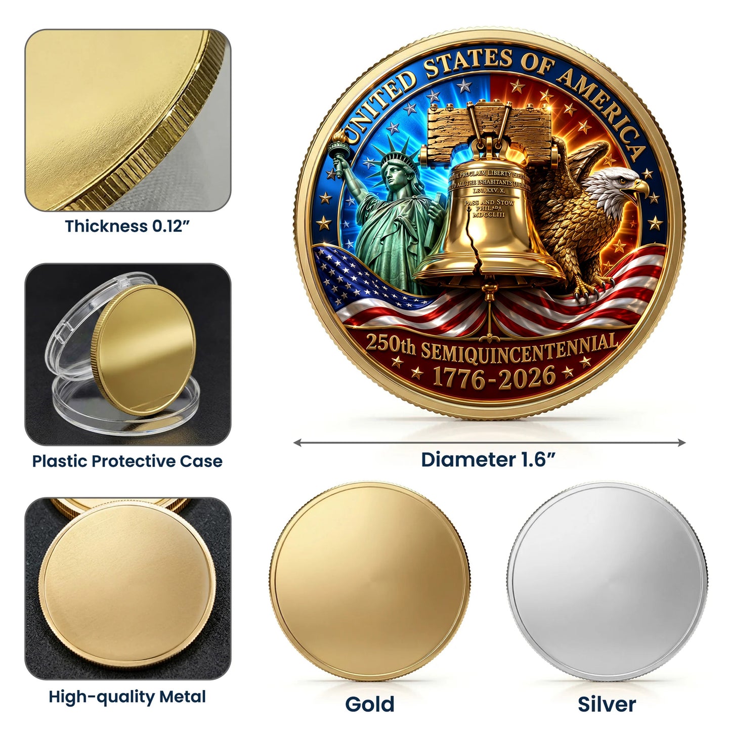 USA 250th Anniversary Commemorative Coin, Gold And Silver 250th Coin, 1776-2026 Gift for Independence Day ETHY-05056300