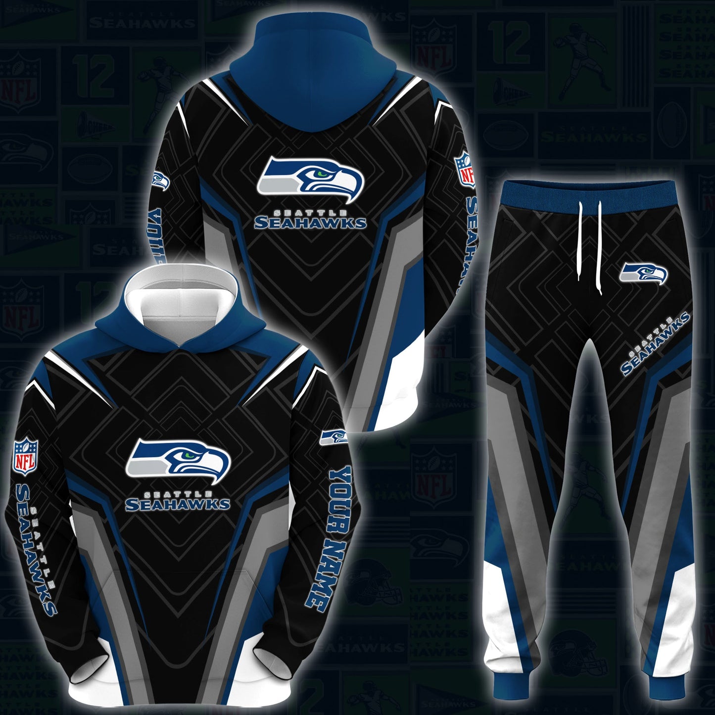 Seattle Seahawks Combo Hoodie And Sweatpants Custom Your Name, Sport Hoodie Sweatpants Set, Sport Gifts For Fans ETRG-62591